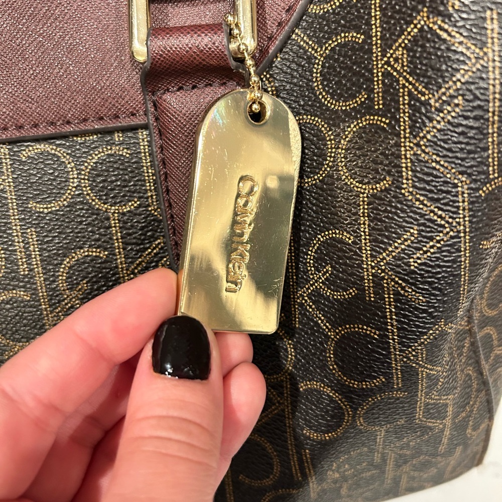 Calvin Klein Brown Monogram Dome Satchel with Burgundy Handles - Picture 2 of 7